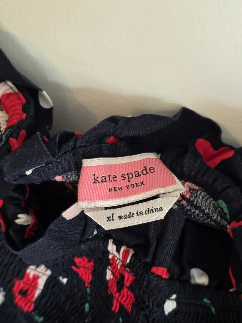 kate spade Navy Red Floral Puff-Sleeve Smocked Peplum Top